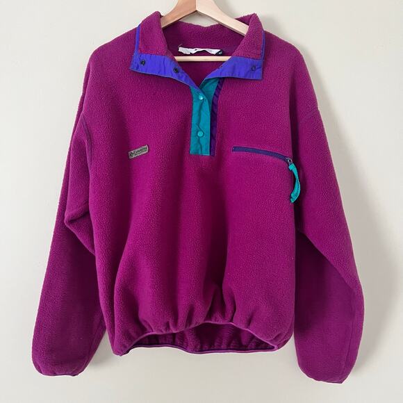 Vintage 80's/90's Columbia Radial Sleeve Fleece Womens XL Made USA Snap Top Pink - Picture 1 of 6